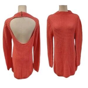 Free People Beach Keyhole Back Crochet Knit Dress in Salmon Pink Long Sleeve